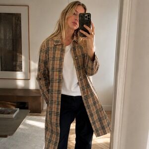 Vintage Hana by Tamotsu Trench Coat Tan Nova Check Plaid Button‎ Front Jacket XL